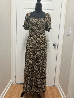 Vibe Black Floral Smocked Maxi Dress with Mustard Accents
